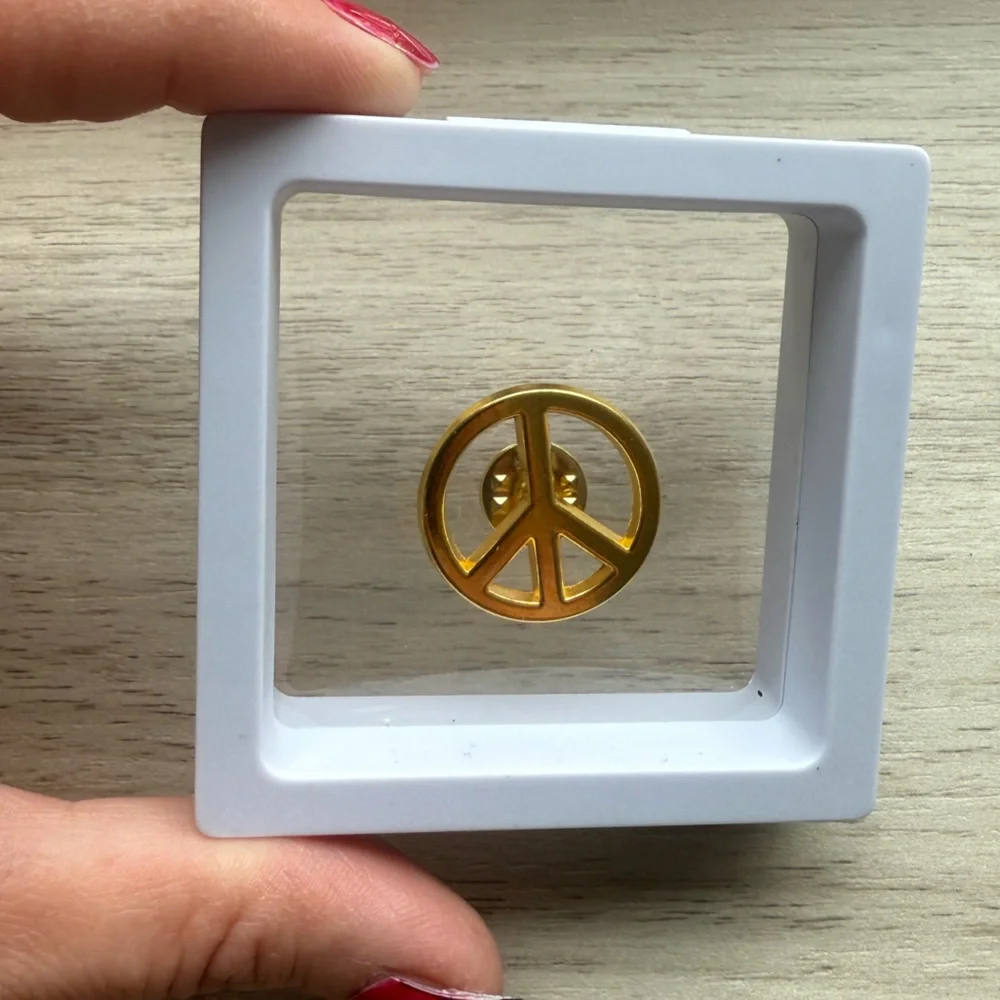 Gold Peace Sign Pin in Box